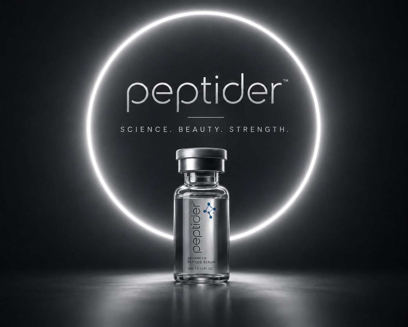 Chrome peptide vials in a futuristic PEPTIDER biotech showroom